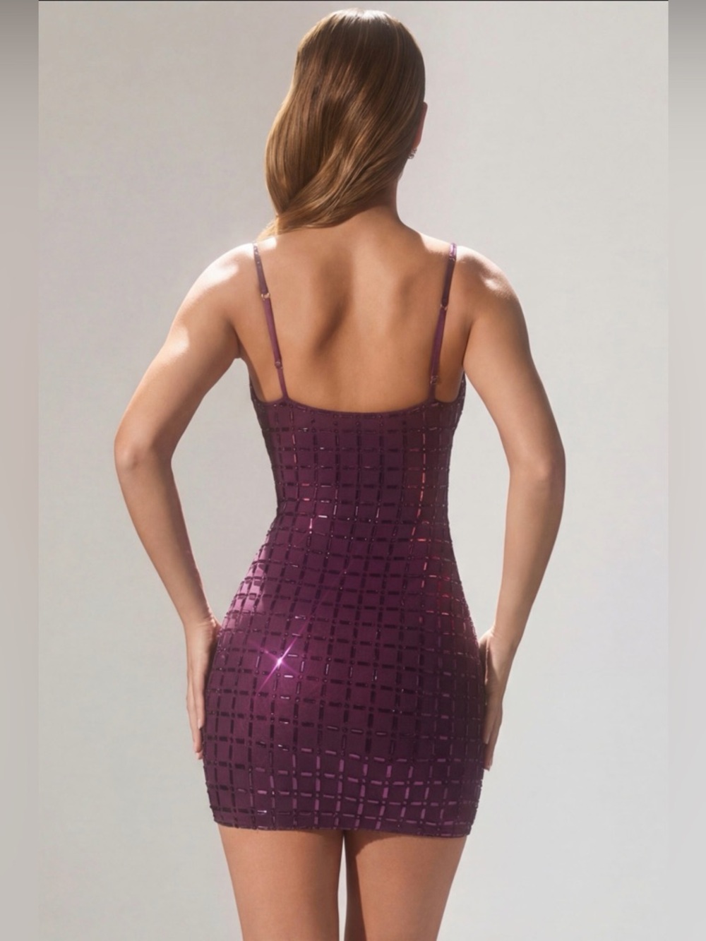 Oh Polly Plum Sequin Grid Bodycon Mini Dress - Picture 3 of 7